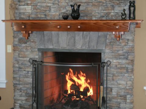 Stone details of the fireplace in the Ballard living room