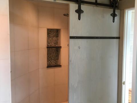 barn door shower detail - shore house - karminski project