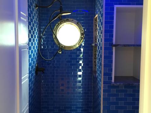 blue hall bathroom - shore house - karminski project
