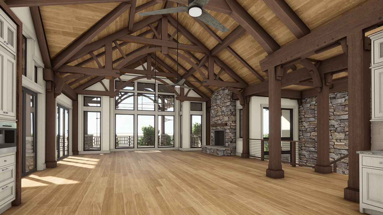 Rendering of a timber-frame great room by Ballard+Mensua Architecture, featuring exposed wood trusses, vaulted ceilings, wide plank flooring, and a floor-to-ceiling stone fireplace. Large arched windows and glass doors bring in natural light and open to expansive views, blending lodge-style architecture with modern luxury living.